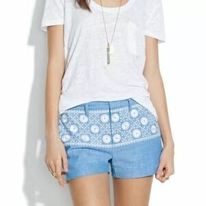 Madewell Sunstitch Embroidered Moroccan Blue Chambray Mid Rise Shorts Size 2